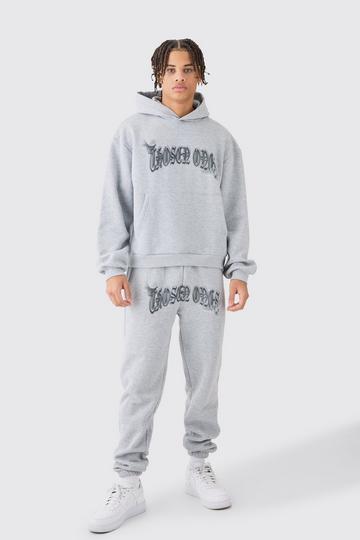 Oversized Boxy Bird Graphic Hooded Tracksuit grey marl