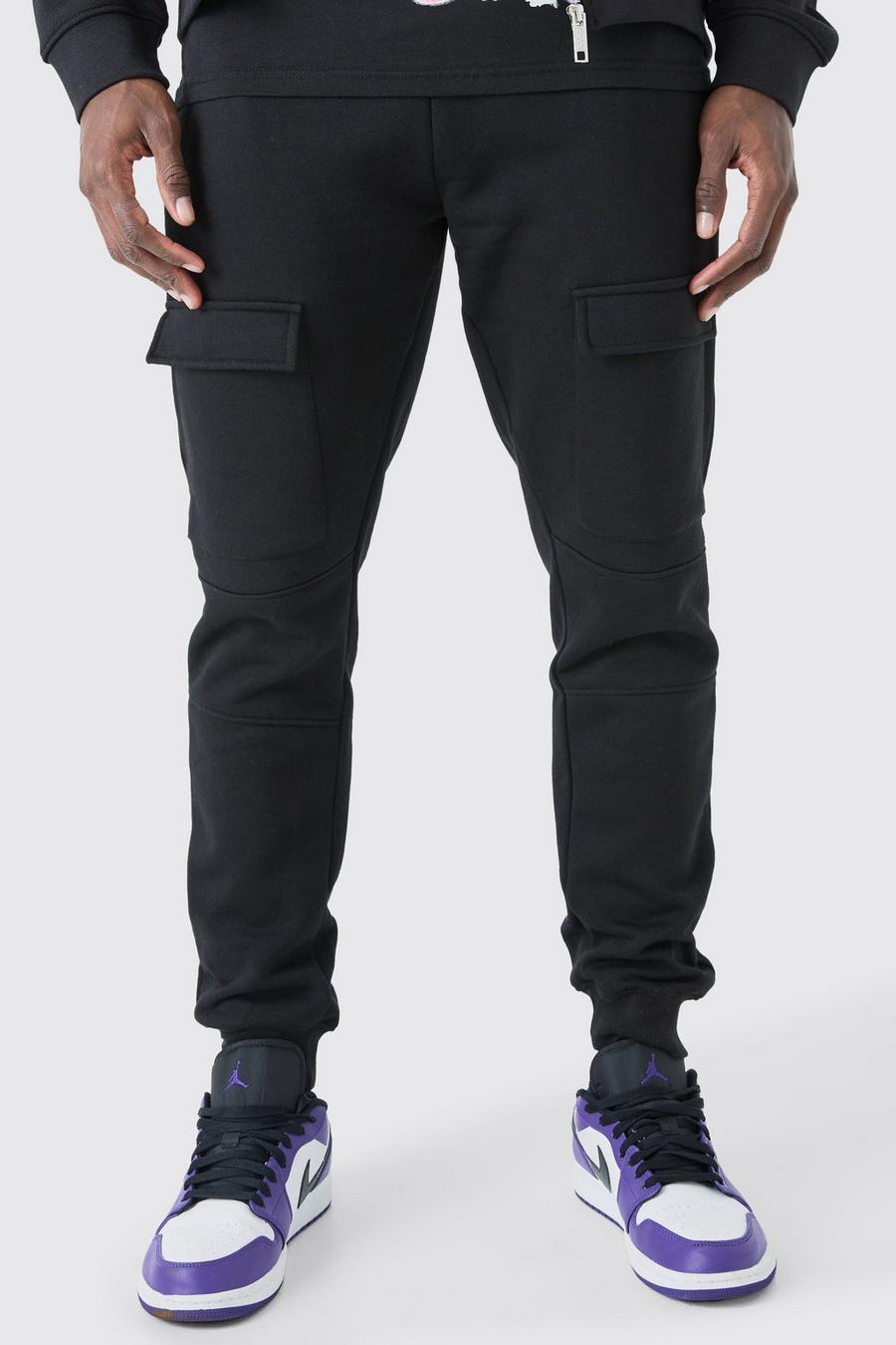 Pantalón deportivo cargo ajustado con panel y bolsillos frontales, Black