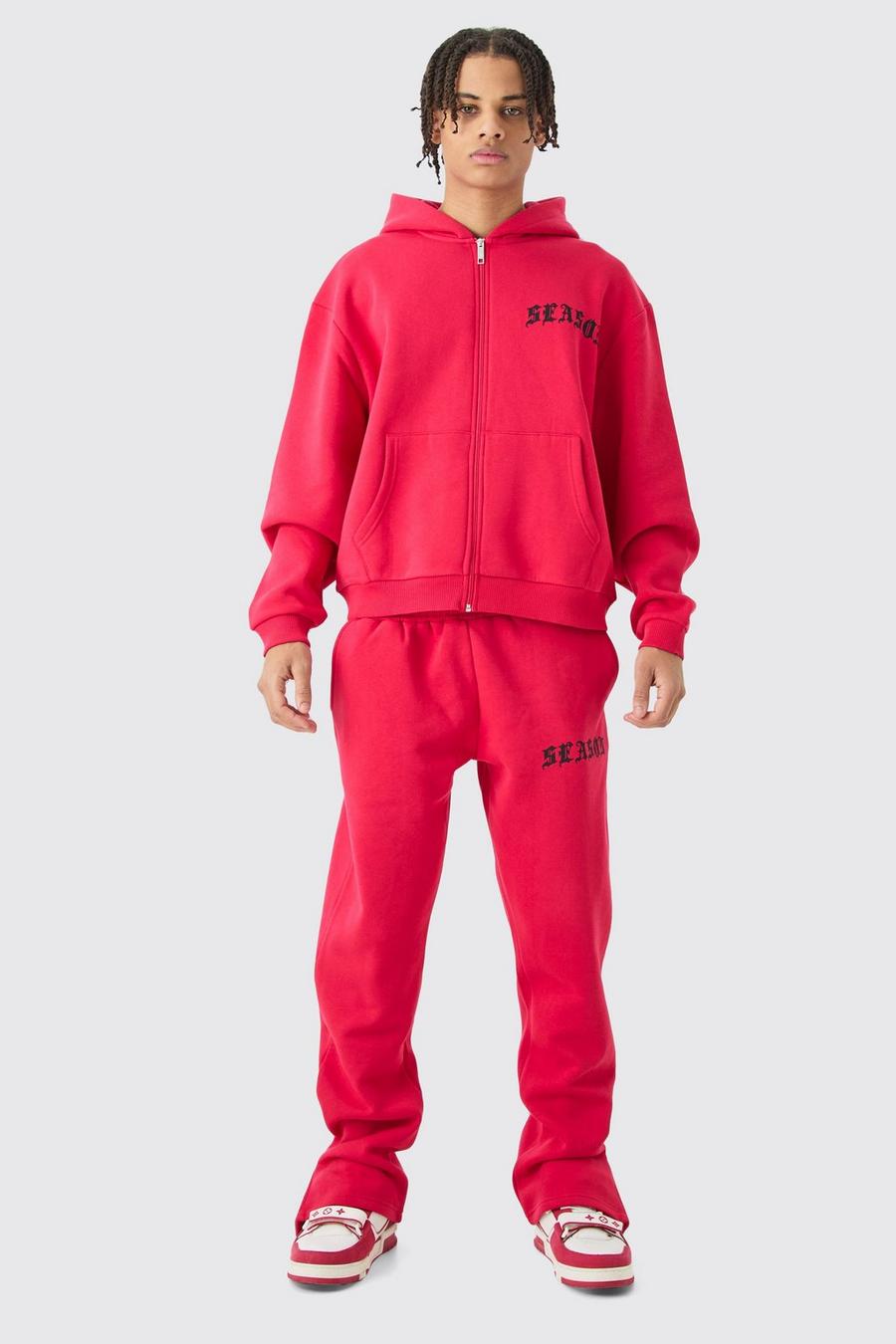 Red Oversized Boxy Zip Thru Gothic Hooded Tracksuit image number 1