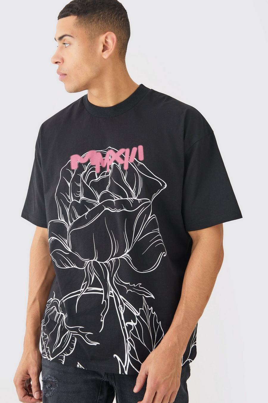 Oversize T-Shirt mit Man Rose Print, Black image number 1