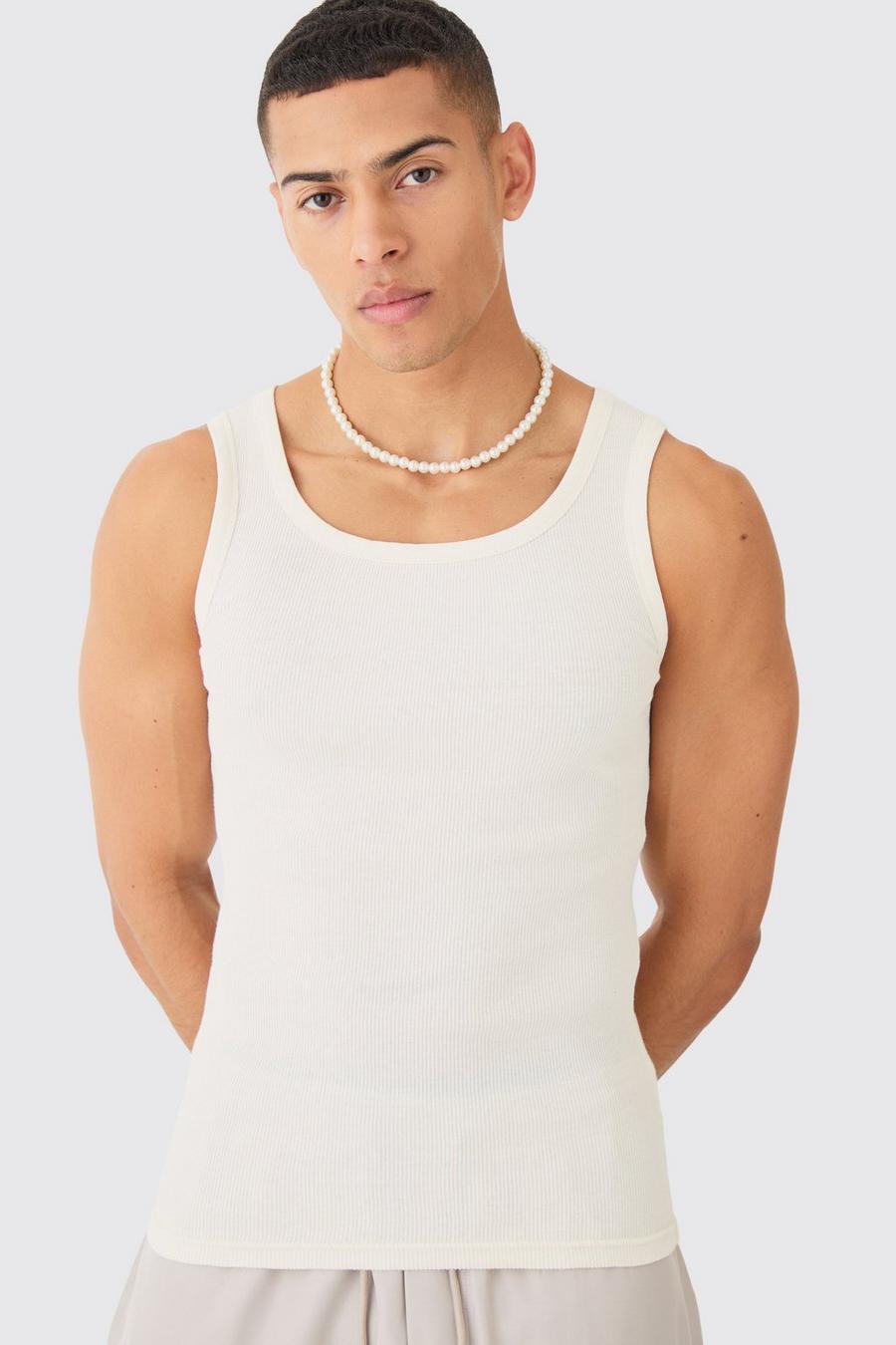 Ecru Ribbed Muscle Fit Vest