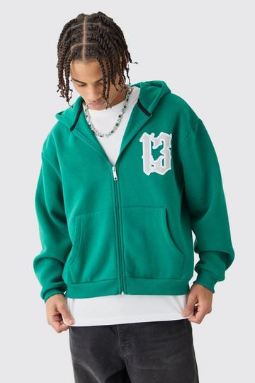 Oversized Boxy Zip Through 13 Printed Hoodie dark green