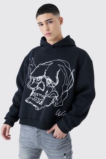 Black Oversized Boxy Skull Line Drawing Hoodie