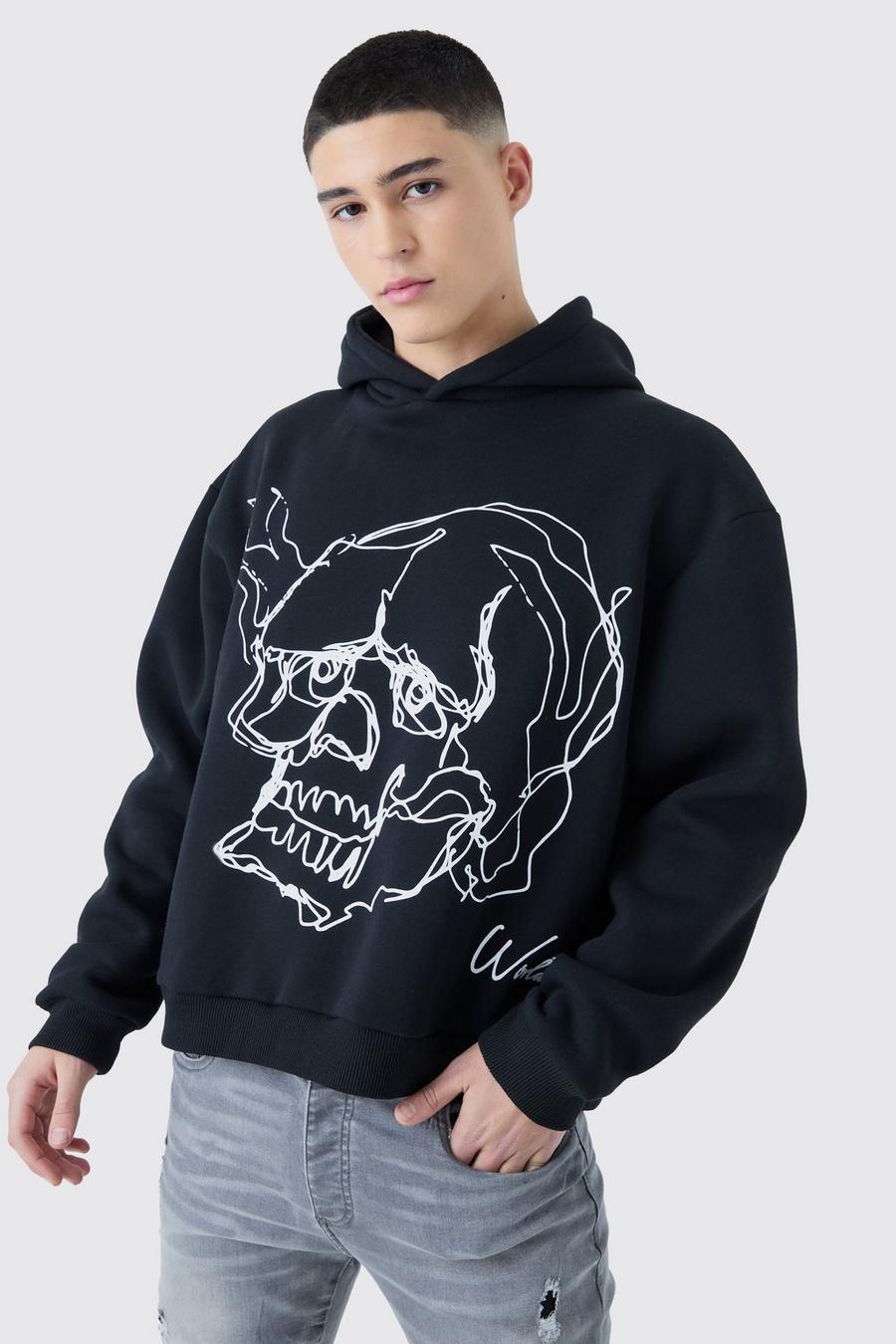 Black Oversized Boxy Skull Line Drawing Hoodie image number 1