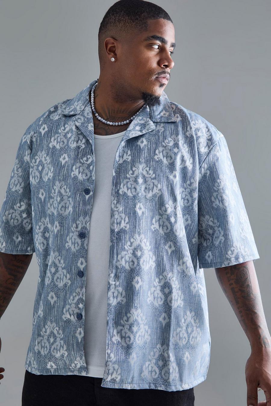 Plus Short Sleeve Textured Drop Revere Shirt In Blue image number 1