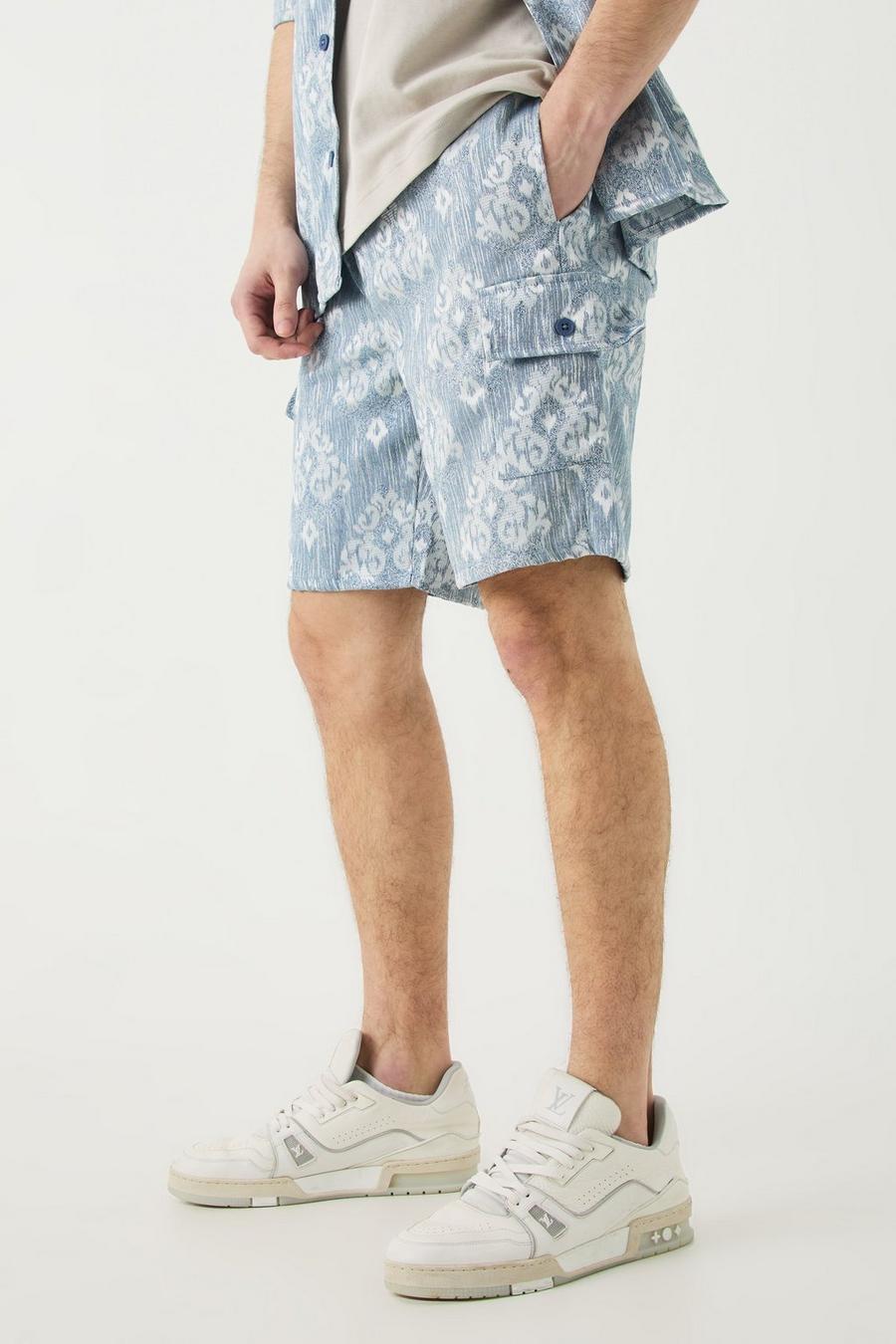 Pantalón corto Tall cargo texturizado azul con cintura elástica, Blue