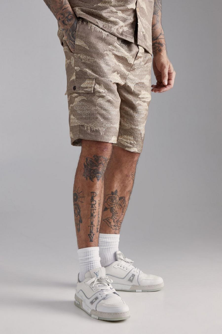 Pantalón corto Tall color piedra con cintura elástica y estampado estilo tapiz, Stone