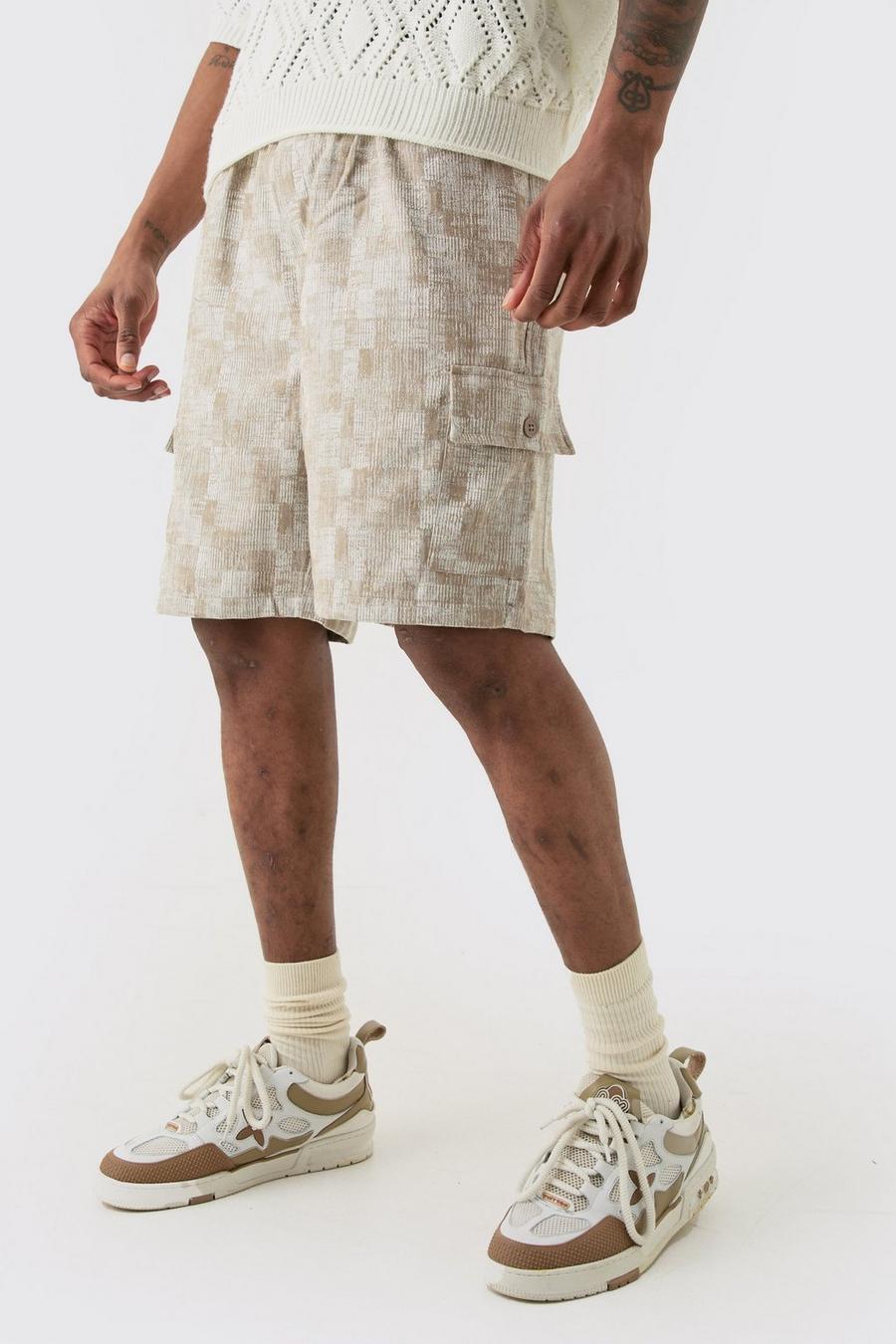 Pantalón corto Tall cargo texturizado color piedra con cintura elástica, Stone