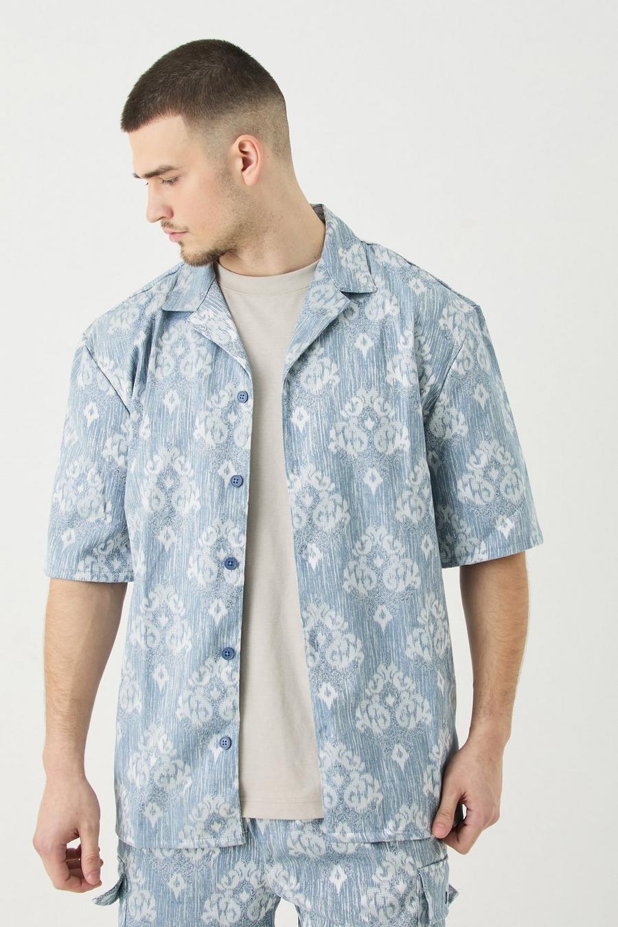 Tall Short Sleeve Textured Drop Revere Shirt In Blue image number 1