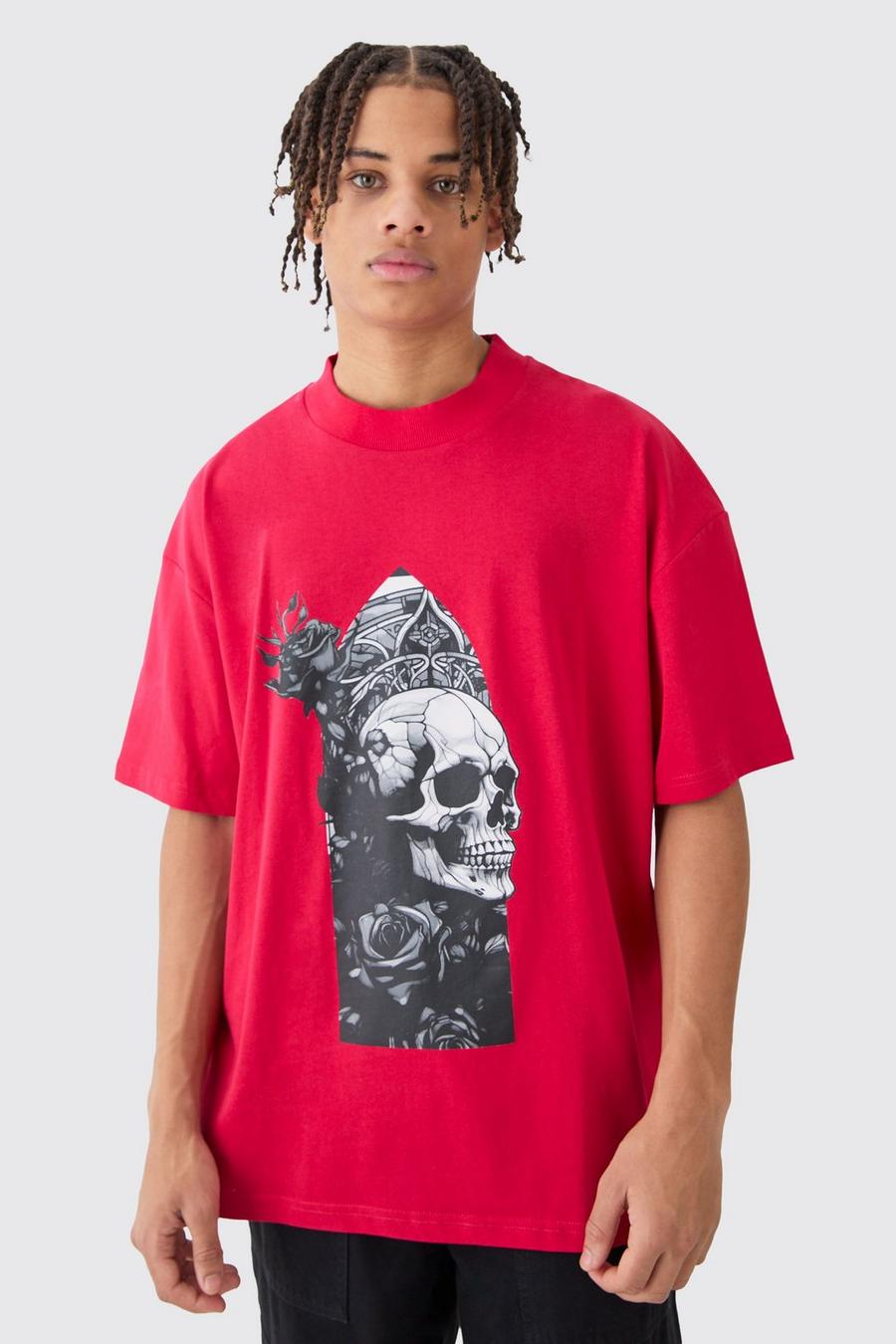 T-shirt oversize à col montant et imprimé crâne, Red image number 1