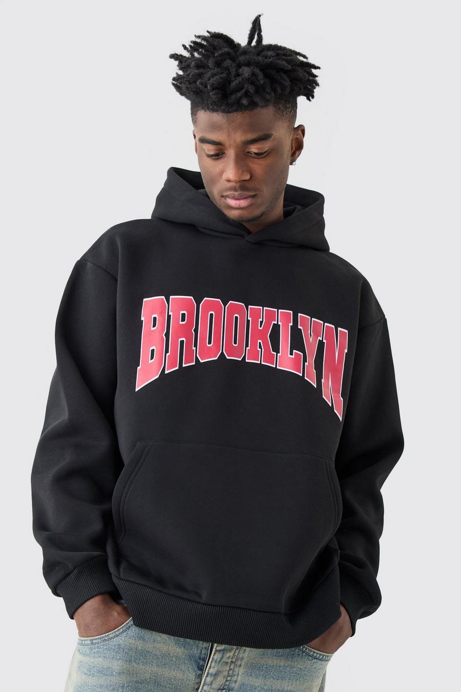 Sweat à capuche universitaire oversize à slogan Brooklyn, Black image number 1