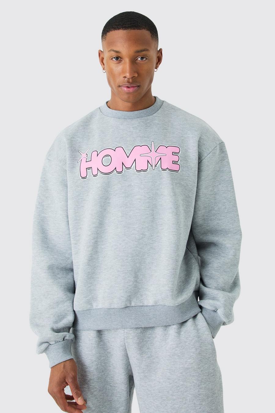 Kastiges Oversize Sweatshirt mit Homme-Print, Grey marl