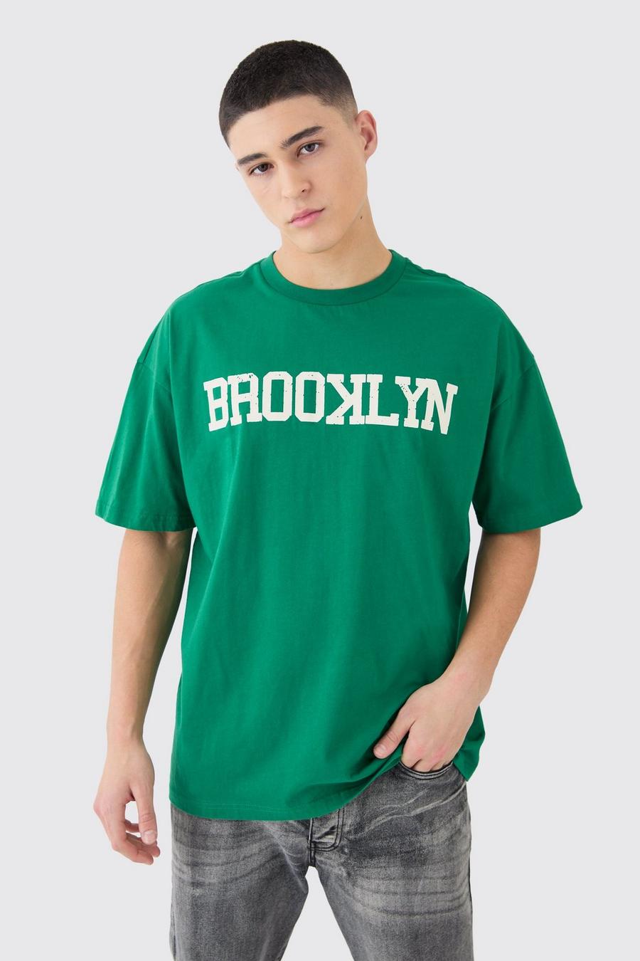 Camiseta oversize con estampado universitario de Brooklyn, Dark green image number 1