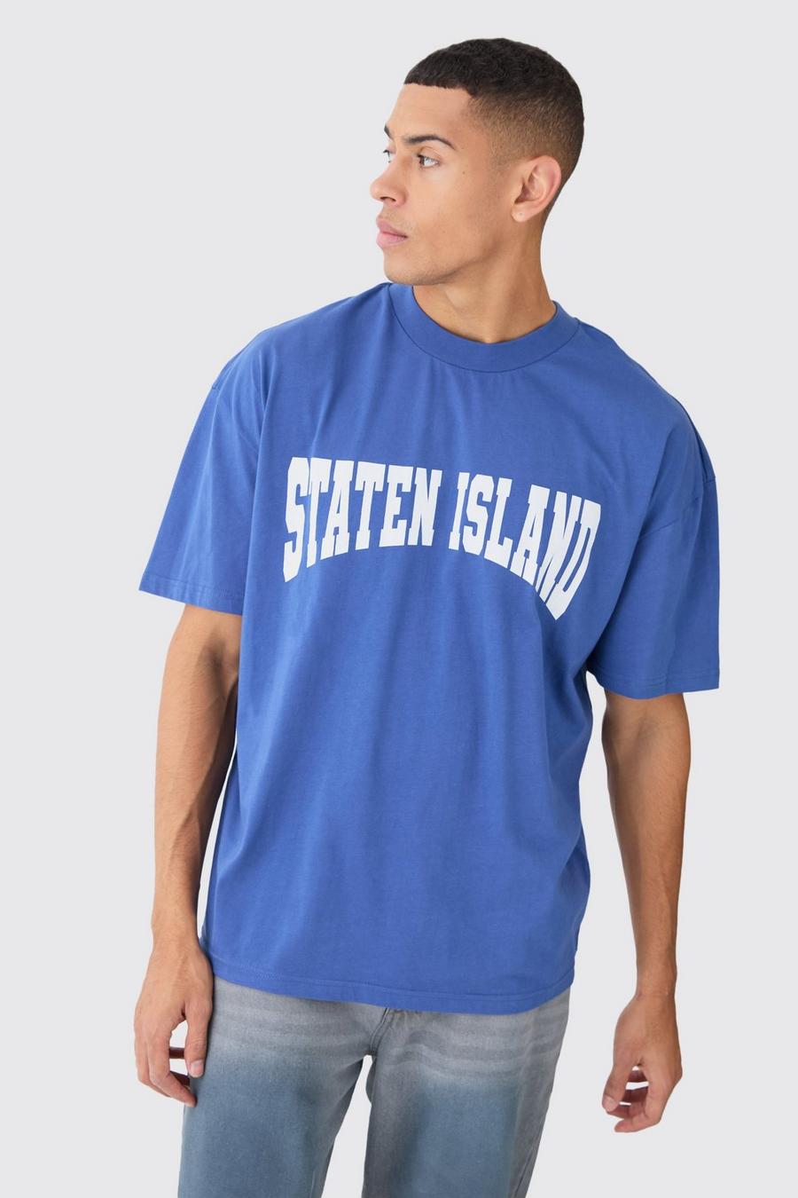 Navy Oversized Staten Island T-Shirt Met Brede Nek image number 1