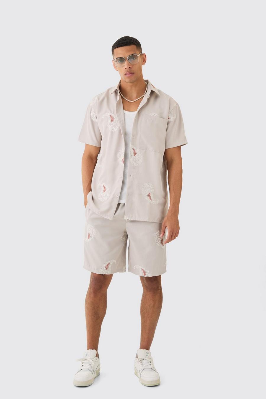 Grey Oversized Geborduurd Zacht Keperstof Paisley Overhemd En Shorts image number 1