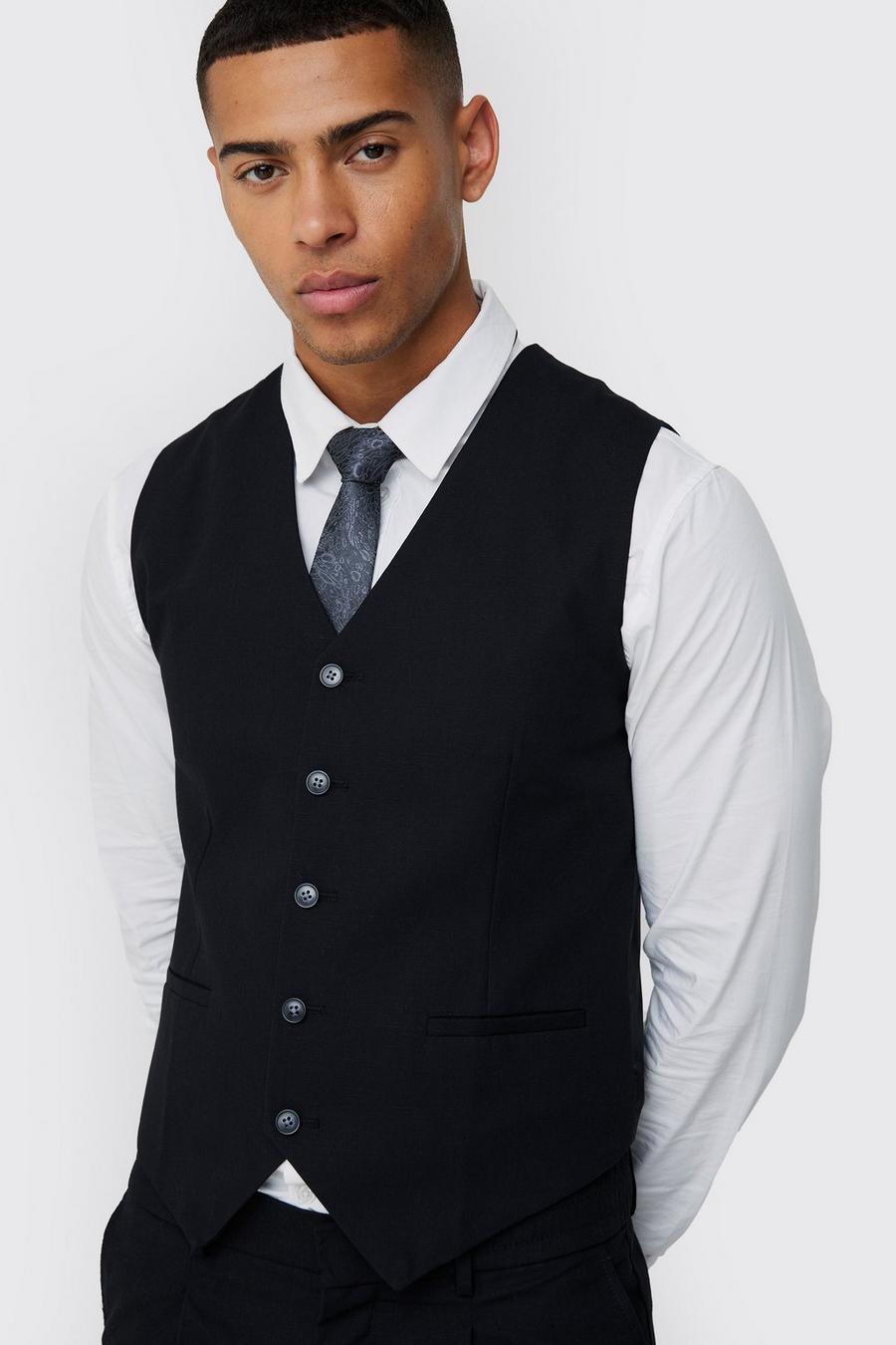 Black Linen Blend Slim Fit Waistcoat image number 1