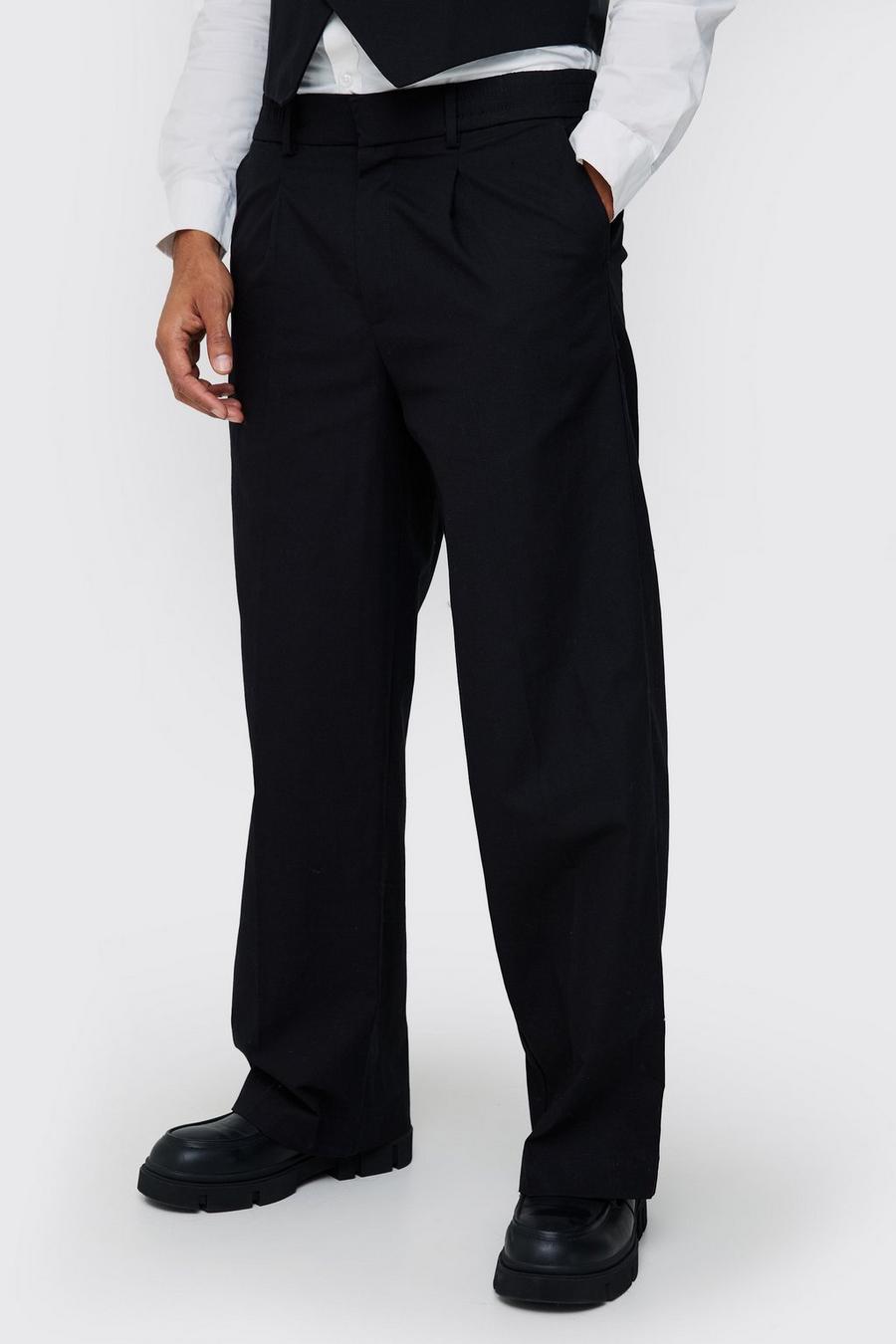 Pantalón de pernera ancha y mezcla de lino con cintura cómoda, Black