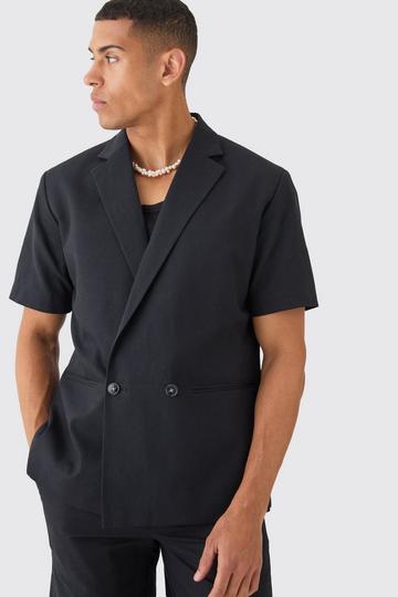 Mix & Match Linen Blend Short Sleeve Double Breasted Blazer black