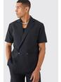 Black Mix & Match Linen Blend Short Sleeve Double Breasted Blazer