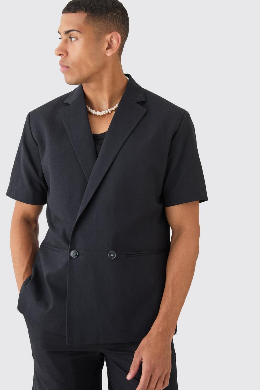 Mix & Match Linen Blend Short Sleeve Double Breasted Blazer, Black