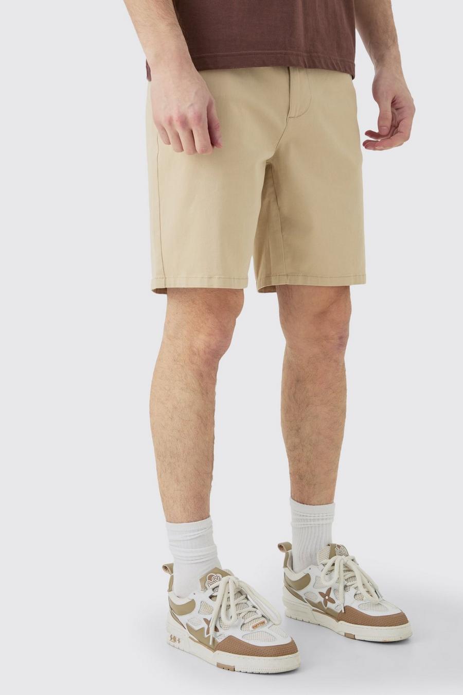 Pantaloncini Chino Tall Slim Fit color pietra con vita fissa, Stone image number 1
