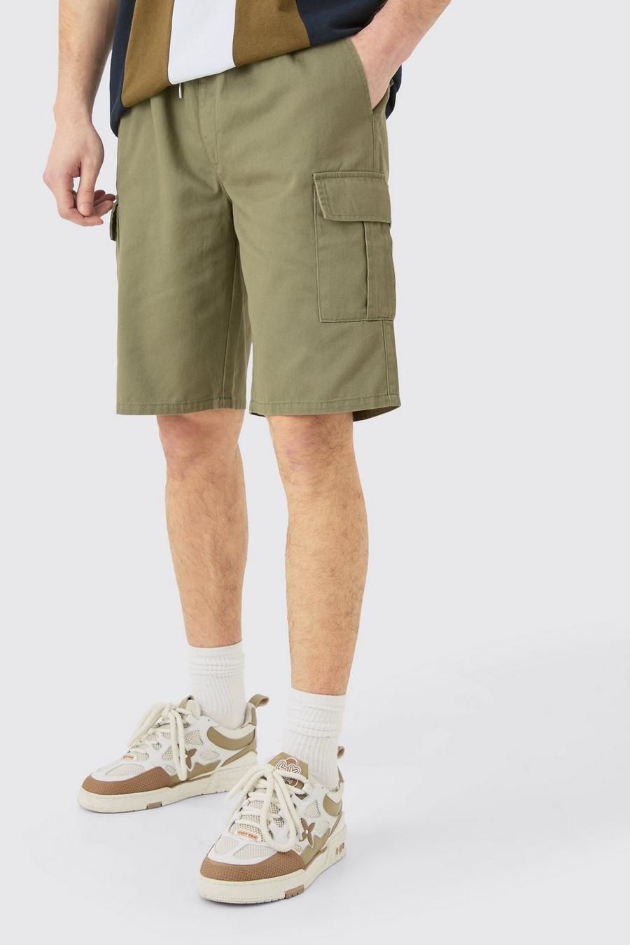 Tall lockere Cargo-Shorts mit elastischem Bund, Khaki
