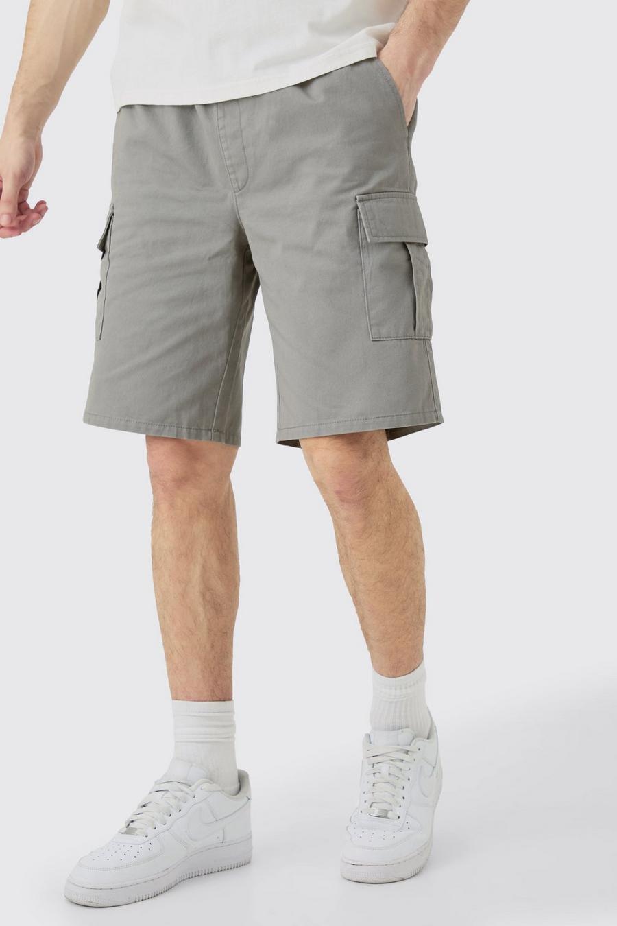 Tall lockere Cargo-Shorts mit elastischem Bund in Grau, Grey image number 1