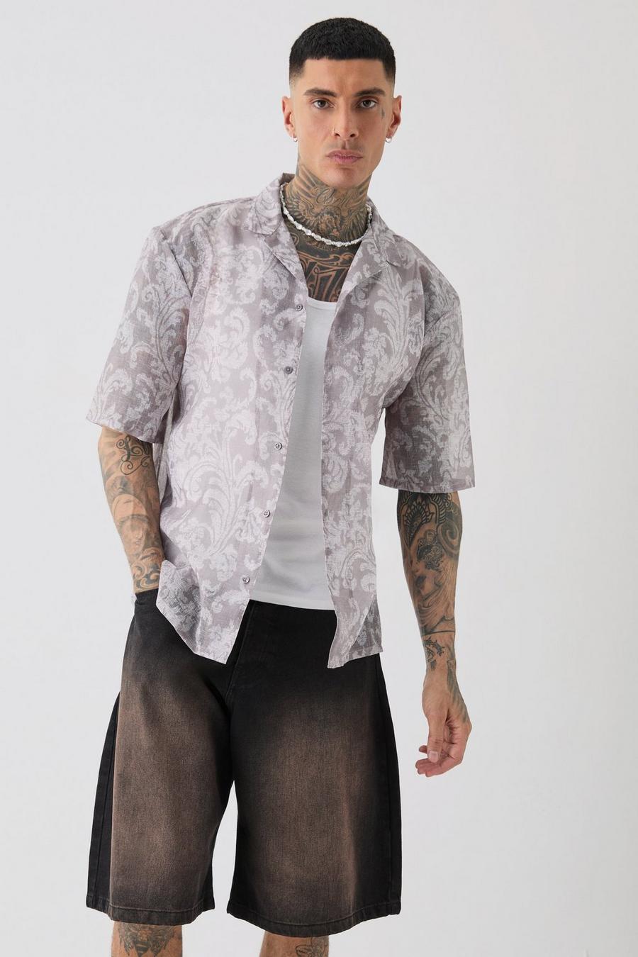 Grey Tall Kortärmad mönstrad skjorta med bowlingkrage