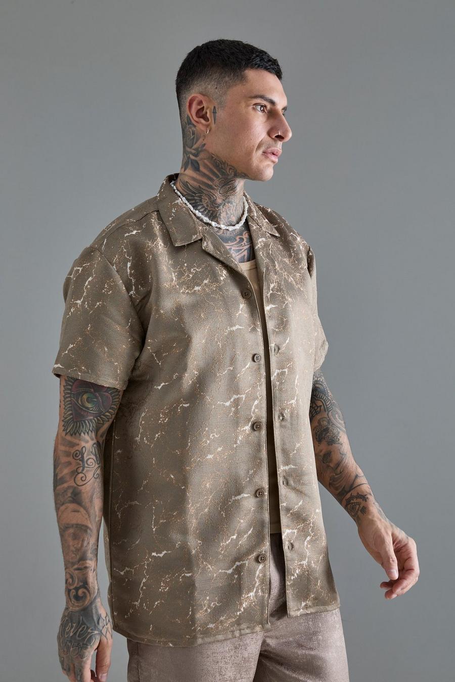 Taupe Tall Short Sleeve Oversized Textured Shirt image number 1