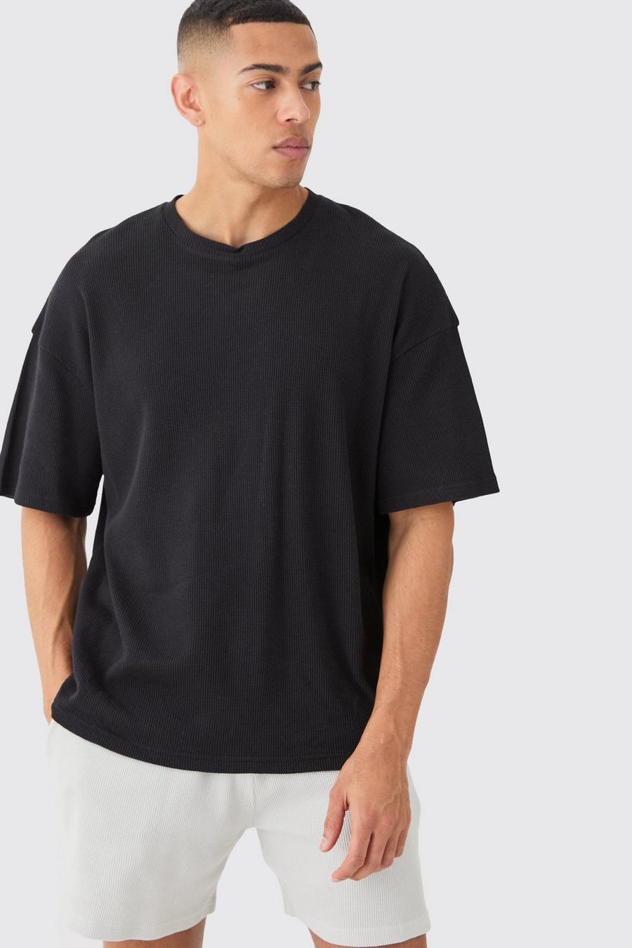 Black Oversized Wafel Gebreid T-Shirt