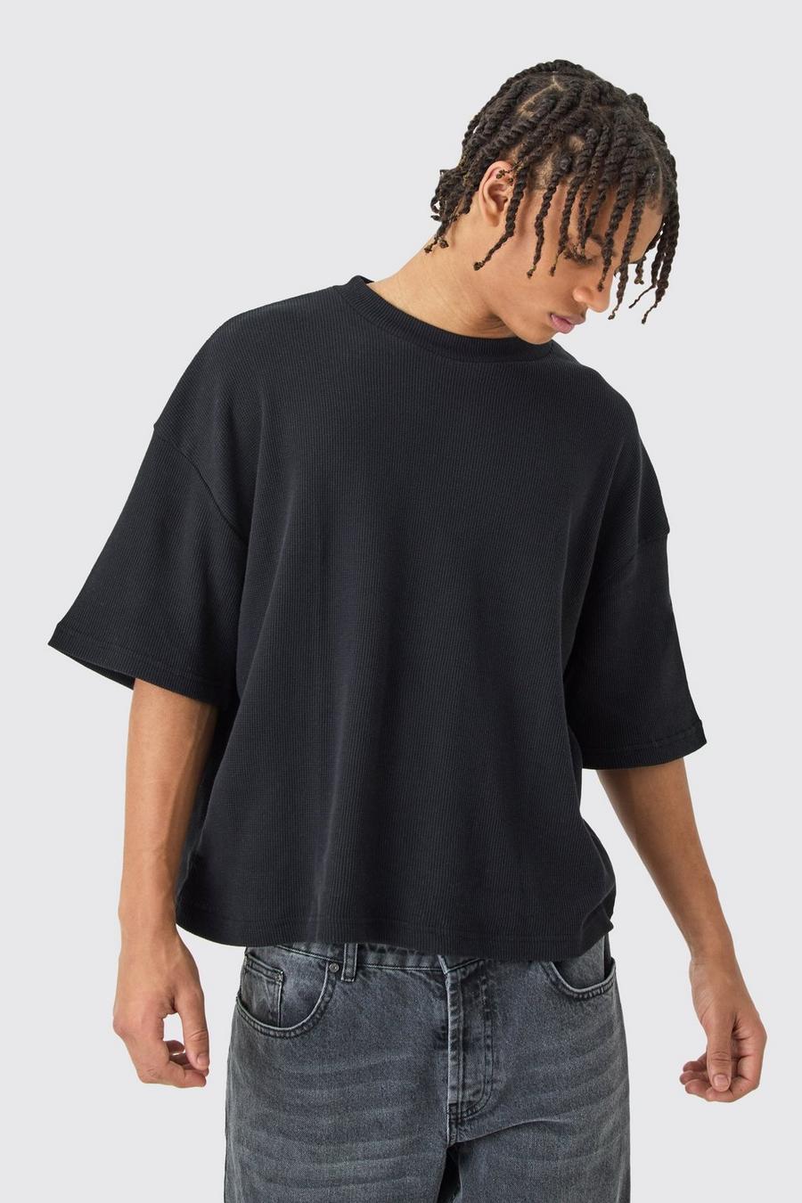 T-shirt squadrata oversize con trama a nido d’ape, Black image number 1