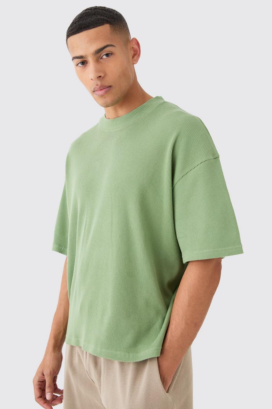 Sage Oversized Boxy Wafel Gebreid T-Shirt image number 1
