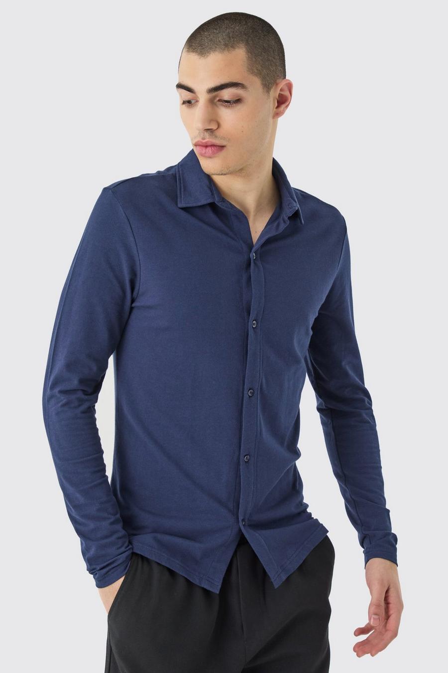 Long Sleeve Muscle Fit Jersey Shirt, Navy