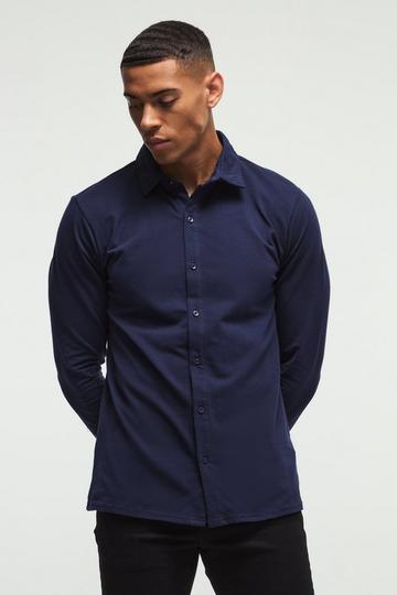 Long Sleeve Slim Fit Jersey Knit Shirt navy