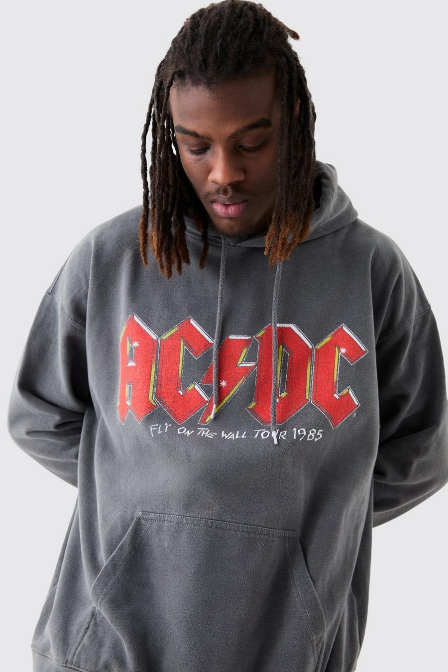 Charcoal grey Oversized ACDC Band Wash License Hoodie