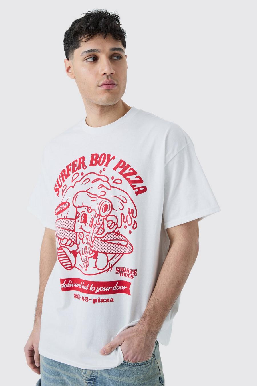 Oversize T-Shirt mit lizenziertem Stranger Things Pizza Print, White image number 1