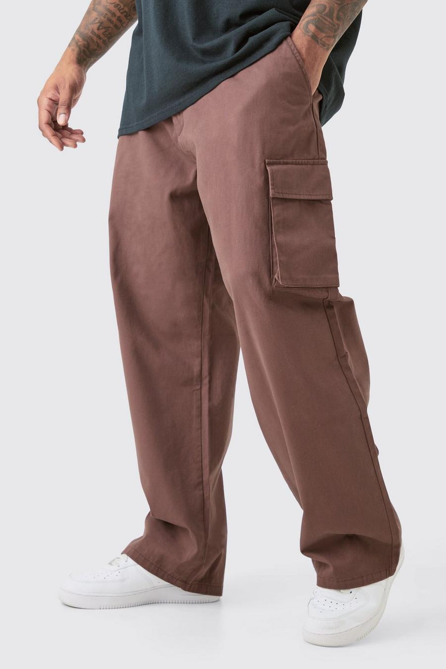Pantalón Plus cargo holgado de sarga con cintura fija, Chocolate