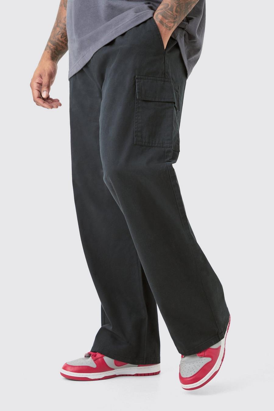 Pantaloni Cargo Plus Size rilassati in twill con vita elasticizzata, Black