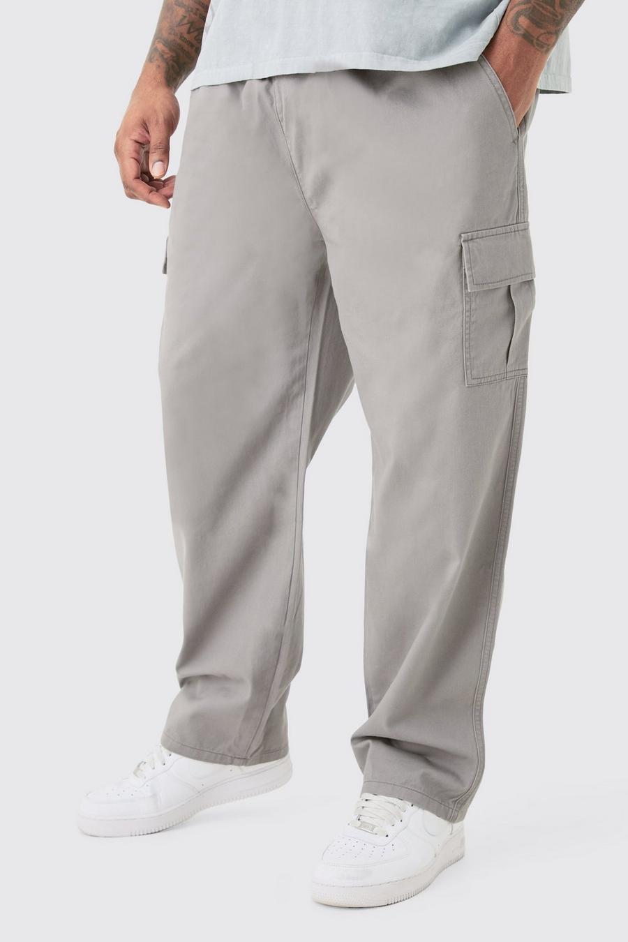 Grey Plus Fixed Waist Straight Fit Cargo Trousers