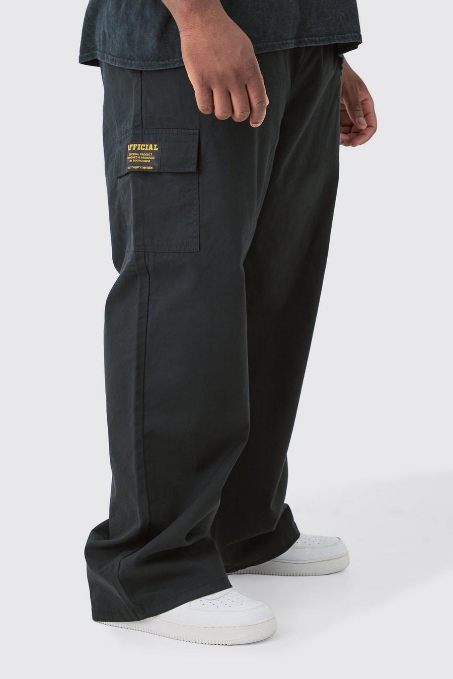 Pantalón Plus cargo holgado de sarga con cintura elástica y etiqueta, Black