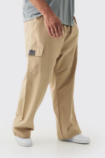 Stone Beige Plus Elastic Waist Twill Relaxed Fit Cargo Tab Pants