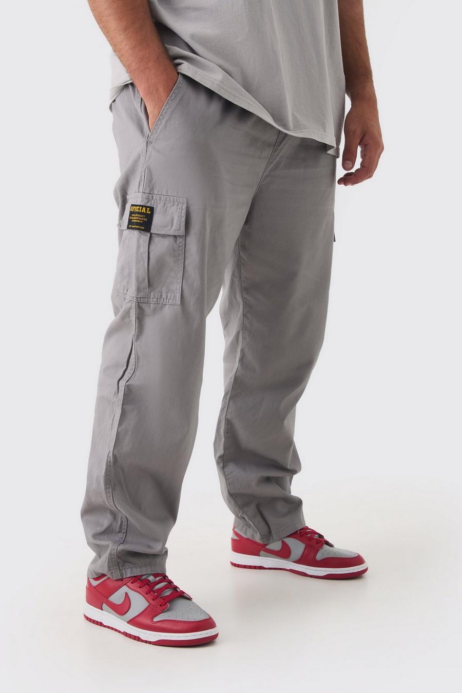 Pantalón Plus cargo de pernera recta y sarga con cintura fija y etiqueta, Grey image number 1