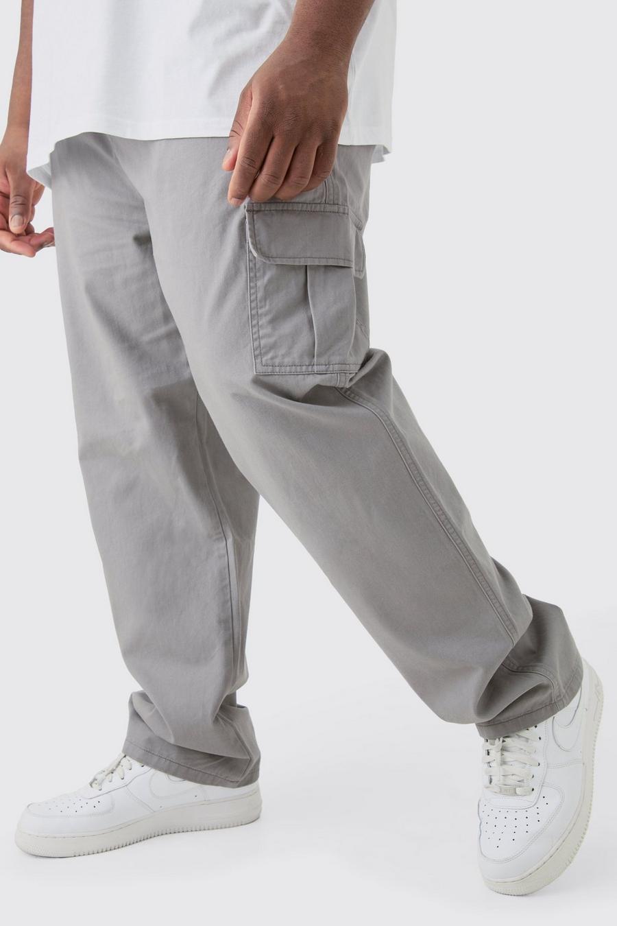 Grey Plus Fixed Waist Twill Straight Leg Cargo Tab Trouser