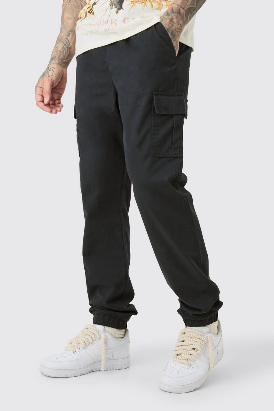 Tall Slim-Fit Twill Cargo-Hose mit elastischem Bund, Black image number 1