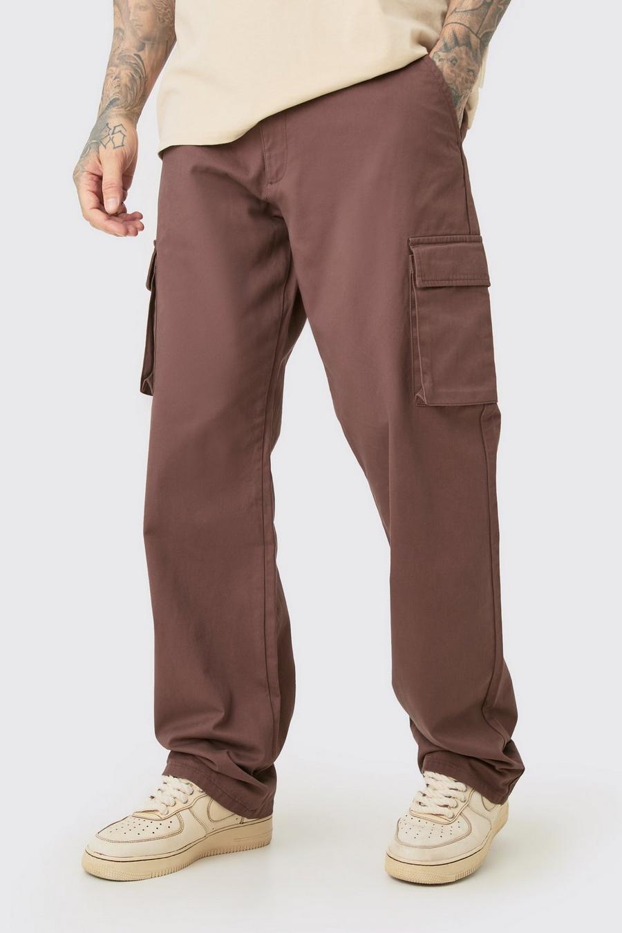 Pantalón Tall cargo holgado de sarga con cintura fija, Chocolate image number 1