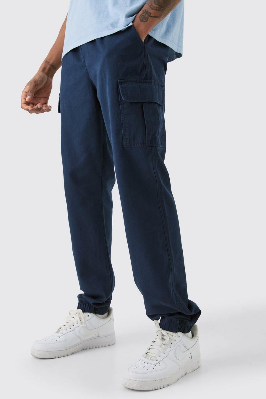 Pantalón Tall cargo ajustado de sarga con cintura elástica, Navy image number 1