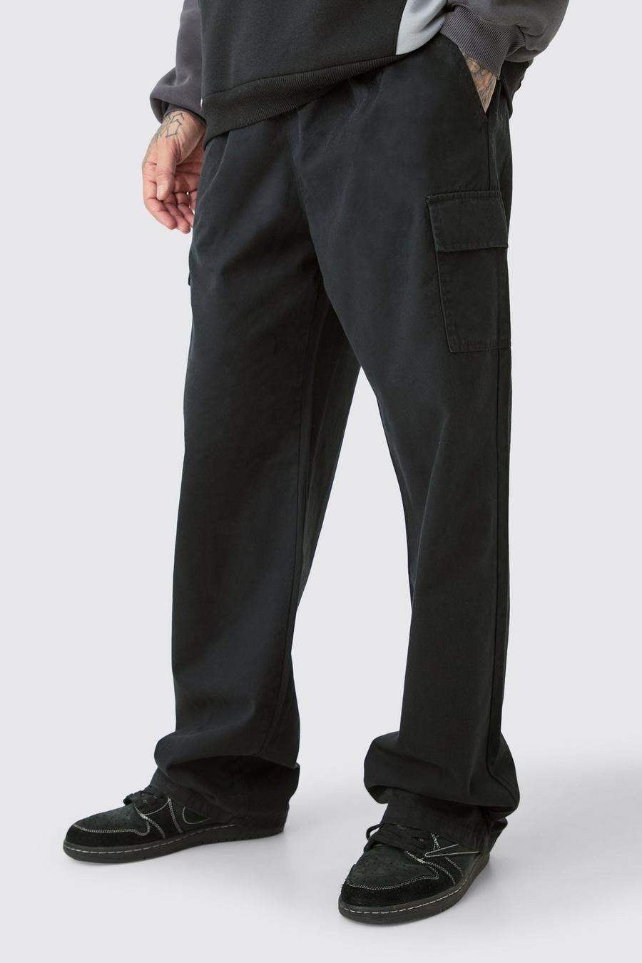 Pantalón Tall cargo holgado de sarga con cintura elástica, Black image number 1