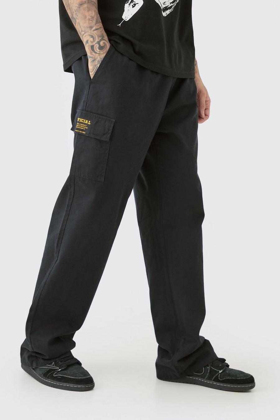 Pantalón Tall cargo holgado de sarga con cintura elástica y etiqueta, Black