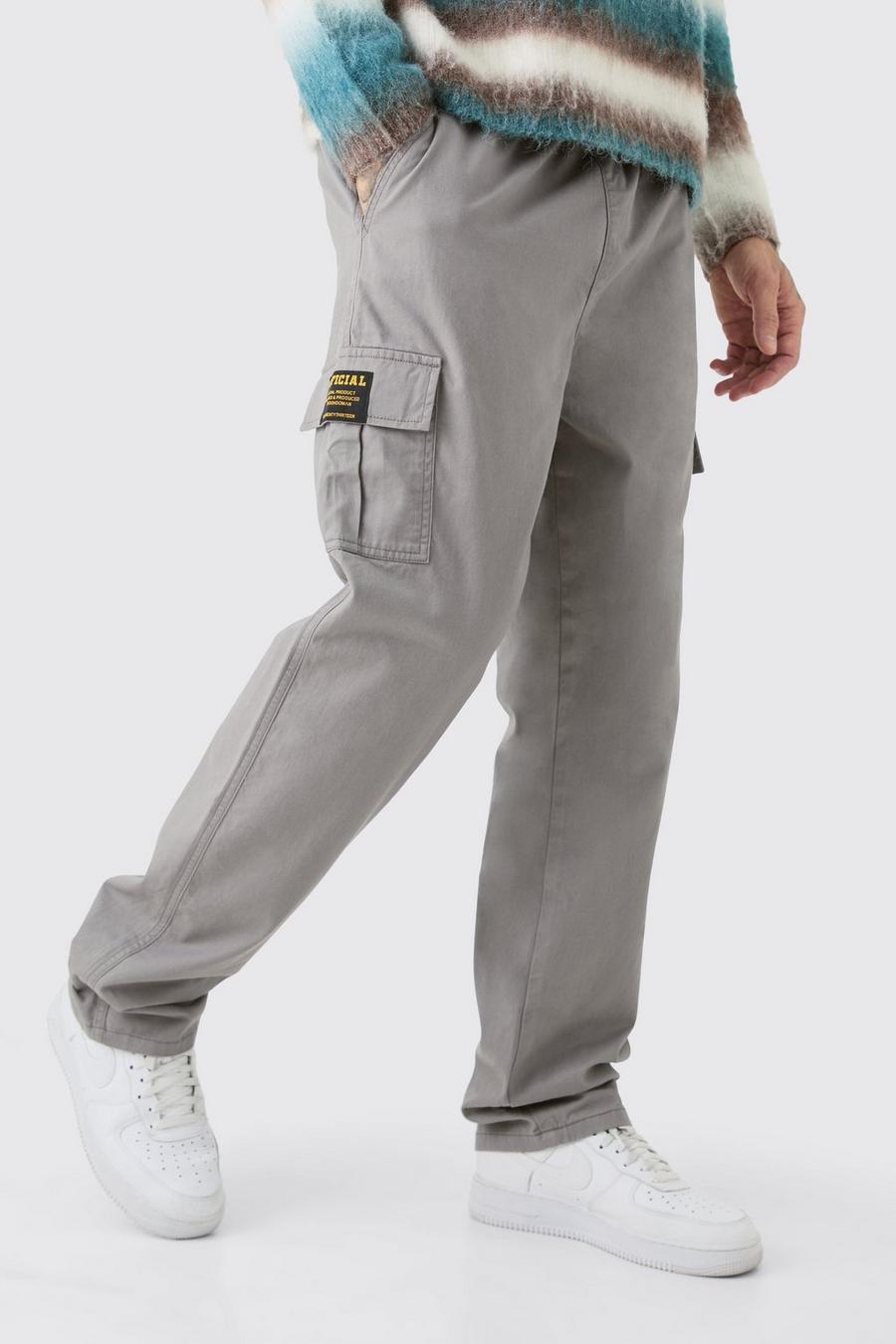Pantaloni Cargo Tall dritti in twill con vita fissa e etichetta, Grey image number 1