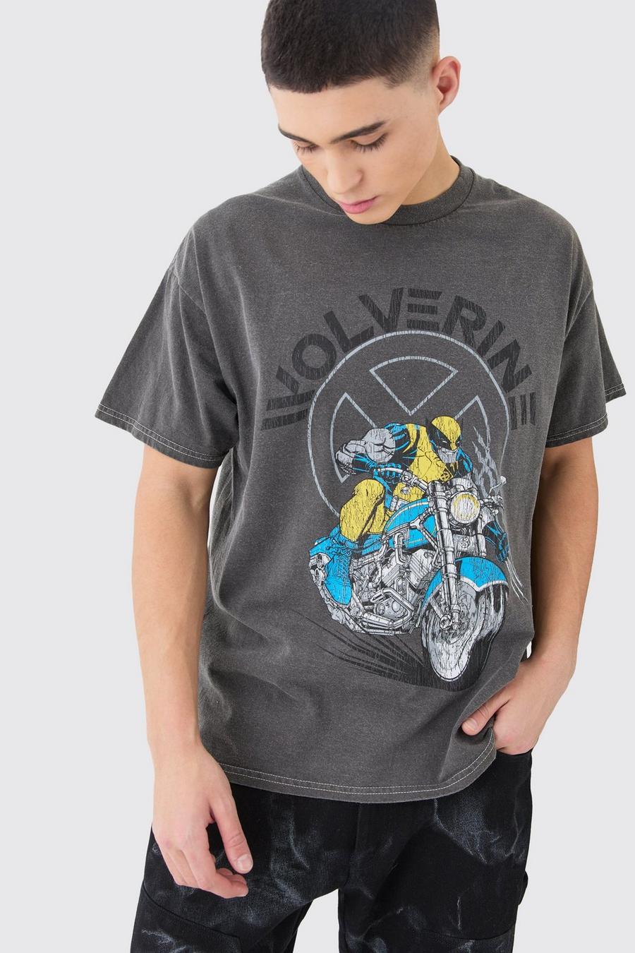 Camiseta oversize con lavado a la piedra y estampado de Lobezno de X Men, Charcoal